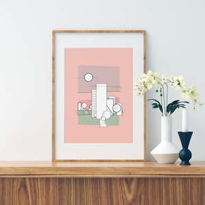 Big City Love – Illustrazione in colori pastello | stampa d'arte astratta | Poster | Silhouette di città con luna – formato DIN A4