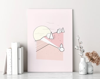 Słoneczne wyżyny – ilustracja w pastelowych kolorach | druk abstrakcyjny | Plakaty | Krajobraz o wschodzie słońca – format DIN A4