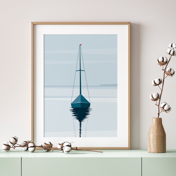 Segelboot | maritime Wanddeko | Poster Print DIN A4 | Illustration in Pastelltönen | Schlafzimmer, Wohnzimmer, Büro | Segeln, Meer