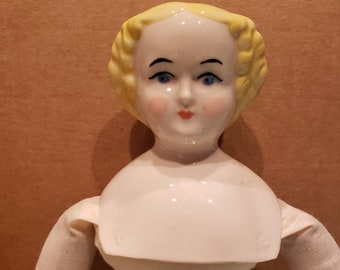 Vintage Porcelain China Head Doll, Cloth body - 16" tall