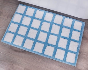 Modminzen Grid Design Bath Mat for Bathroom – Modern Shower Mat, Non Slip, Tufted, Microfiber, Fade Resistant. Cute Bath Rug Light Blue