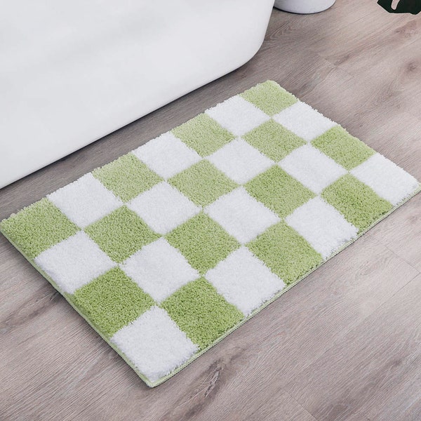 Modminzen Checkered Green & White Bath Mat– Non Slip, Tufted, Microfiber, Ultra Absorbent, Fade Resistant, Great Gift Idea, Cute Bath Rug