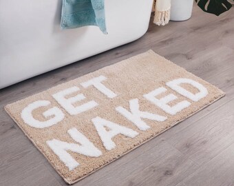 MODMINZEN Get Naked Bath Mat for Bathroom – Funny Shower Mat Non Slip, Tufted, Microfiber, & Fade Resistant – Cute Bath Rugs Tan Sand Beige