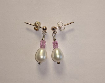 Pink Sapphire earrings, white and silver pearls