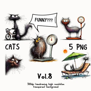 Hand-Drawn Funny Cat Clipart Bundle Quirky Cartoon Cats in Humorous Situations PNG. High-Resolution Transparent Background Digital Download