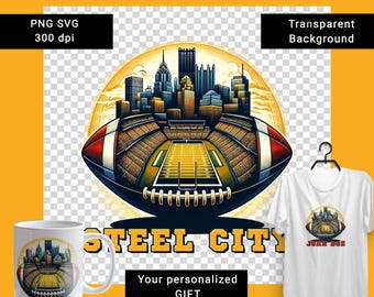 Steel City Pittsburgh city skyline with ball fan PNG poster.  Creative image sport fan design. Sport gifts. SVG sticker. Dtf printing