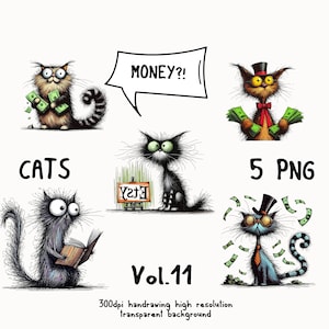 Pacchetto di clipart di gatti stravaganti con soldi. Gatti ricchi in formato PNG, gatti disegnati a mano, sfondo trasparente.