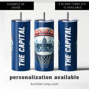 The Capital Washington D.C. city fan wrap 20oz tumbler creative design PNG. Washington silhouette, basketball arena. Personalized gift.