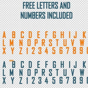May include: Two rows of orange and blue uppercase letters and numbers, including A-Z and 0-9. The text "FREE LETTERS AND NUMBERS INCLUDED" is at the top of the image.