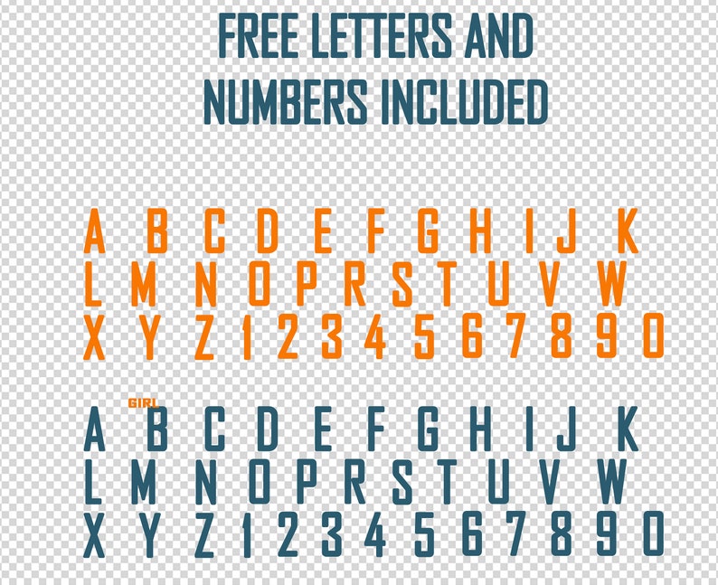 May include: Two rows of orange and blue uppercase letters and numbers, including A-Z and 0-9. The text "FREE LETTERS AND NUMBERS INCLUDED" is at the top of the image.
