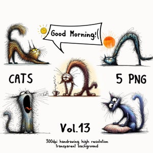 Cat stickers bundle. Hand-Drawn cat clipart. Whimsical kitty clipart, stretching cat Image, cat with Coffee, Monning cats, Cat Sketches