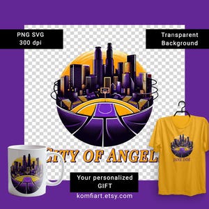 City of Angels Los Angeles  art PNG. L.A. city silhouette and ball as background. Print for basketball fan gift. Instant download. Dtf, Svg