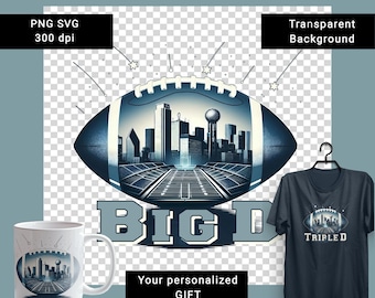 Big D Dallas skyline ball art png illustration Big D city football stadium poster, gameday weekend tumbler wrap, SVG sticker, DTF print gift