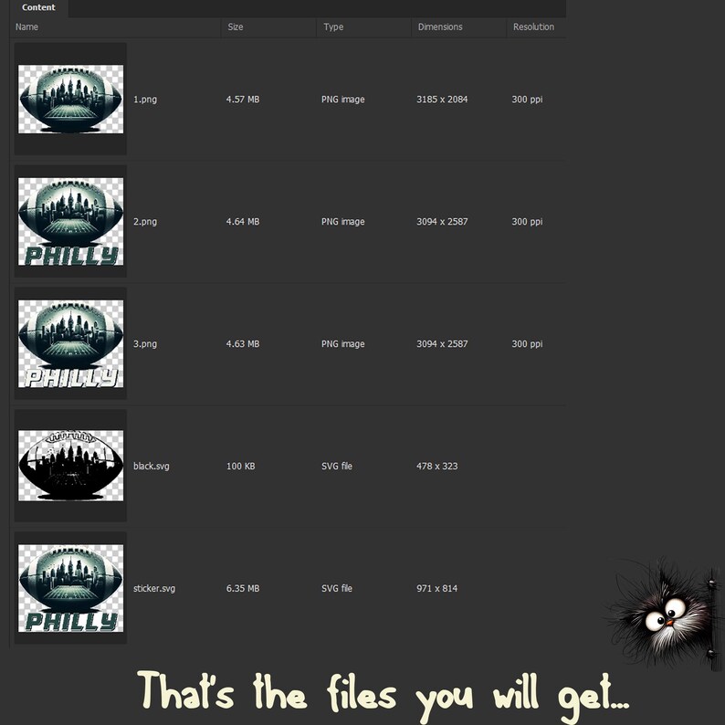 May include: A digital image showing a collection of files, including PNG and SVG formats. The images feature a stylized cityscape within a football shape, with the word "PHILLY" below. The text "That's the files you will get..." is at the bottom.