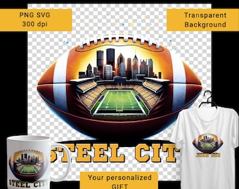 Steel City Pittsburgh with ball PNG poster. City silhouette. Creative poster for football and Steel city fan. Sport gifts. Game day print
