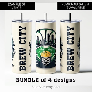 Plantilla PNG para envolver vasos de 20 oz con diseño de la ciudad de Milwaukee (Brew City). Ideal para aficionados al baloncesto y el deporte. Diseño PNG listo para sublimación e impresión. Ciudad de Milwaukee. Regalo deportivo.