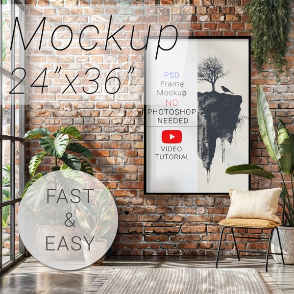 Loft Frame Mockup  Brick Wall Art Poster  Large Digital Print  24x36 Art Mockup Urban interior. Blank frame mockup