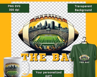 The Bay Green Bay city with stadium fan art PNG The Bay silhouette. Creative poster for football fan. Sport love sticker svg. Dtf printing