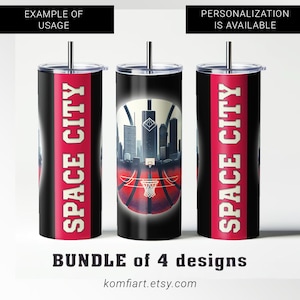 Space City Houston H-town sport fan wrap 20oz tumbler creative design PNG. Houston silhouette, basketball arena. Gift for fan. Game day
