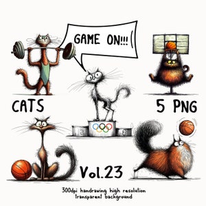 オリンピック選手の手描きのスポーツ猫。ボールやバーベルを持った猫、バスケットボール選手の猫の漫画のクリップアートバンドル。