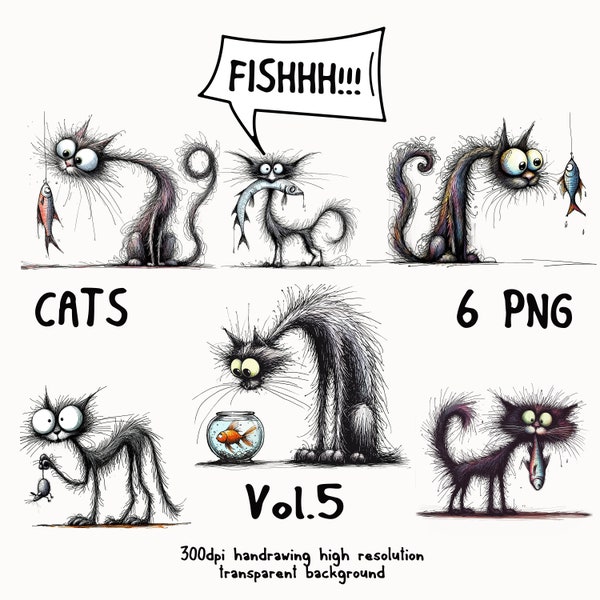 A whimsical hand-drawn cats clipart, cartoon. Cats with fish. Fish in a fishbowl. Cat bowl decor. Linework humorous PNG bundle.