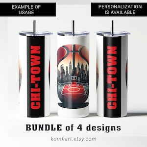 Chi-Town Chicago city PNG template tumbler wrap 20oz. Chicago and basketball sport fan Personalized gift. Gameday print