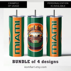 May include: Three green and orange insulated tumblers with the word "MIAMI" in large letters. The center tumbler features a football design with a cityscape and stadium. The text "BUNDLE of 4 designs" is at the bottom.