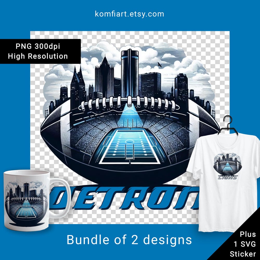 Detroit Football City Team Png City Silhouette. Creative Poster For American Football Fan T-Shirts, Mugs, Pillows Design Svg Detroit Sticker Fashion24Hs