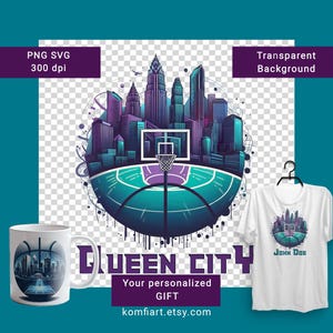 The QC Charlotte city PNG. Stadium silhouette and ball as background. Basketball clipart for fan. Dtf print ready
