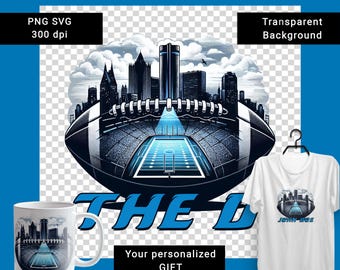 Motor City Detroit city skyline football art. The D sports digital decor, gameday poster, SVG sticker, DTF print for t-shirts, mugs, pillows