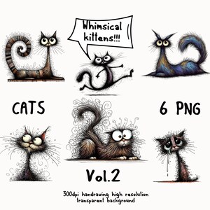 Whimsical cats PNG bundle, Quirky cat art. Playful cat poses, Amusing cat art, high resolution digital images with transparent backgrounds