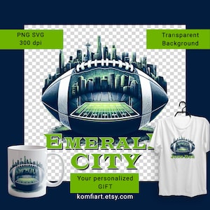 Emerald City Seattle skyline with ball poster Emerald City, S-Town gameday wall decor, Field silhouette, SVG sticker, DTF transfer