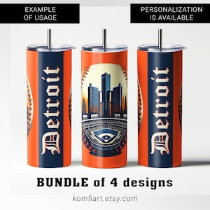 May include: Three orange and navy blue tumblers with a baseball theme. One tumbler features the word "Detroit" in white, while the others display a baseball stadium and city skyline design. The tumblers have silver lids and straws.