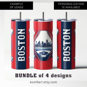 Pode incluir: Três canecas isoladas vermelhas e azul marinho com tema de beisebol. Uma apresenta um design de beisebol com uma paisagem urbana, enquanto as outras exibem a palavra "BOSTON". Cada caneca tem uma tampa e um canudo prateados.