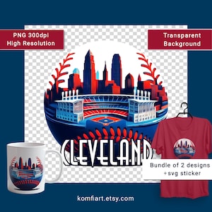 May include: A white ceramic mug, a red t-shirt, and a graphic design featuring a baseball stadium and city skyline in red, blue, and white. The word "CLEVELAND" is displayed in white. The image also includes the text "PNG 300dpi High Resolution" and "Transparent Background".