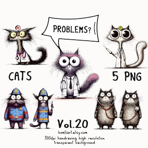 Special Cats Clipart PNG Bundle. Police, doctor, medical Hand-Drawn Funny Cat Clipart. Quirky Cartoon Cats. High-Resolution Transparent
