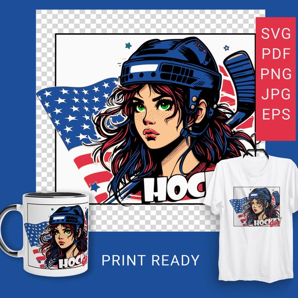 Hockey Girl SVG Cartoon comics Ice hockey player teen illustration. Hockey Print for t-shirt, mug. Gifts for hockey girl