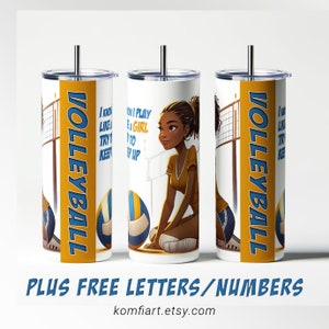 Tumbler wrap with a cartoon volleyball player girl sits on the ground next to a volleyball. PNG with font bundle for 20oz tumbler. Game day