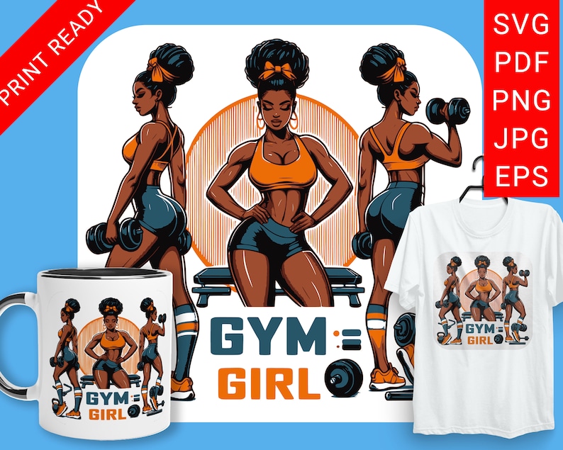 Gym girl SVG Black sport women Illustration Print for Teen fitness T-Shirts, Mugs. Fashionable Sports Digital Design art.