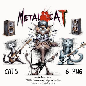 Ensemble de cliparts PNG de chats de bande en métal. Bassiste, batteur, guitariste, chanteur. Clipart drôle de musique de chat. Chats de dessins animés originaux.
