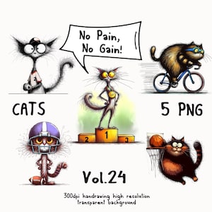 Sporty hand drawing cats athletes. Clipart bundle cartoon cats on bike, with ball, basketball, baseball football cat players.