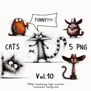 Whimsical Cat Clipart Bundle. Cat like cowboys, cat with mouse, toys and gun. Hand-Drawn Cats cartoon funny