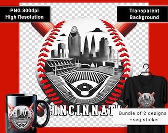 Può includere: Una tazza nera, una maglietta e un design di baseball con una palla da baseball con un paesaggio urbano e la parola "Cincinnati". Il design include un campo da baseball e mazze. L'immagine include anche il testo "PNG 300dpi Alta Risoluzione" e "Sfondo Trasparente".