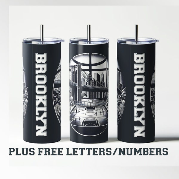 Brooklyn basketball team fan wrap 20oz tumbler creative design PNG Brooklyn Bridge silhouette, basketball court