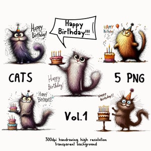 Cats сlipart bundle, happy birthday cats. Caricature Pets, handrawing pencil style, celebration cartoon animals, happy cats stickers