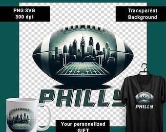 以下が含まれることがあります： 都市景観が描かれたフットボール、マグカップ、黒いTシャツのデジタルイラスト。 「PHILLY」の文字が大きく太字で表示されています。 マグカップとTシャツは、同じフットボールと都市景観のデザインです。