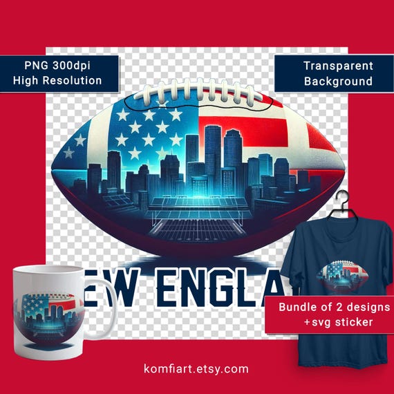 NEW ENGLAND city and ball PNG poster. City silhouette. Creative poster for american football fan design. Svg sticker.  Dtf transfer