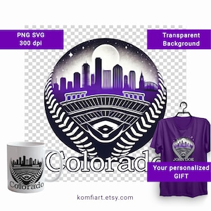 May include: A white mug, purple t-shirt, and graphic design featuring a Colorado skyline, a baseball-like design, and the word "Colorado". The t-shirt is hanging on a black hanger. The design is also on the mug.