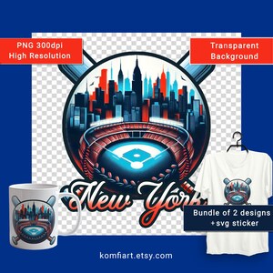 May include: A white mug, t-shirt, and graphic design featuring a baseball stadium and New York City skyline. The design includes the text "New York" in a script font. The image also includes the text "PNG 300dpi High Resolution" and "Transparent Background".
