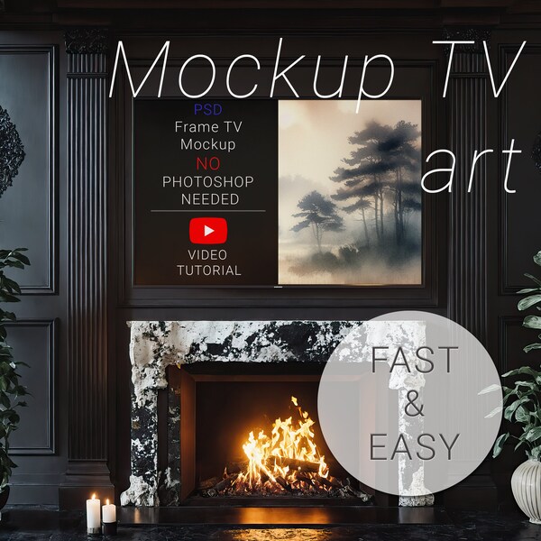 TV Screen Mockup Template - Minimalistic Art for Print, Black TV Frame, Interior with Fireplace Blank frame mockup